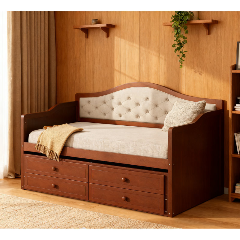 Modern Daybed with 2 Storage Drawers and Trundle, Walnut