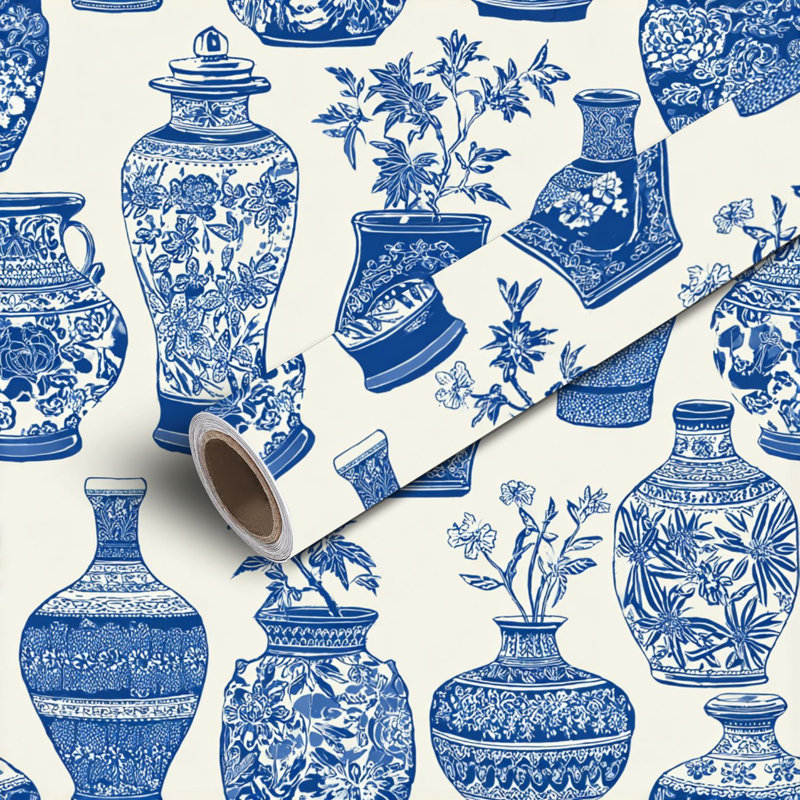 Papier peint à peler et coller avec vases en porcelaine bleu et blanc à motif floral traditionnel auto-adhésif et amovible 24 po x 118 po (60 x 300 cm)