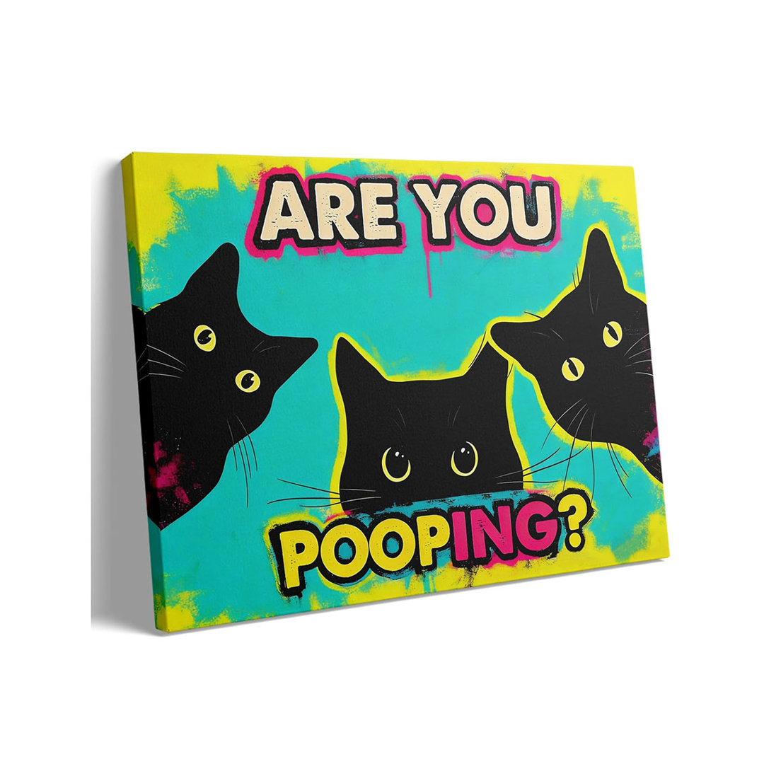 Funny Black Cat Bathroom Canvas Wall Art - Are You Pooping? Colorful Humor Poster for Washroom, 12x16 Inch Framed Graffiti Print for Toilet Restroom,