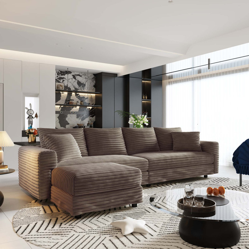Canapé Cloud 4 places moderne en velours côtelé moelleux avec pouf convertible, Orienté vers la gauche