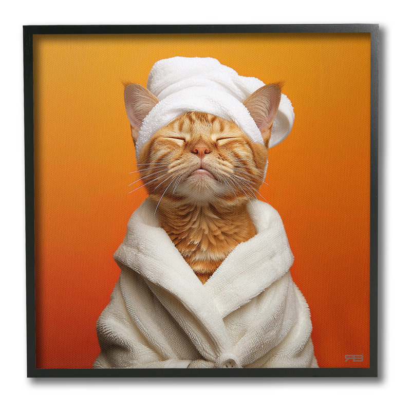 Chat en peignoir, estampe numérique encadrée par RB, H 24 po x l 24 po, Giclée encadrée noir minuit