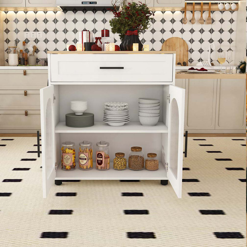 Îlot de cuisine extensible avec table de salle à manger, armoire et 2 tiroirs, Blanc / naturel 