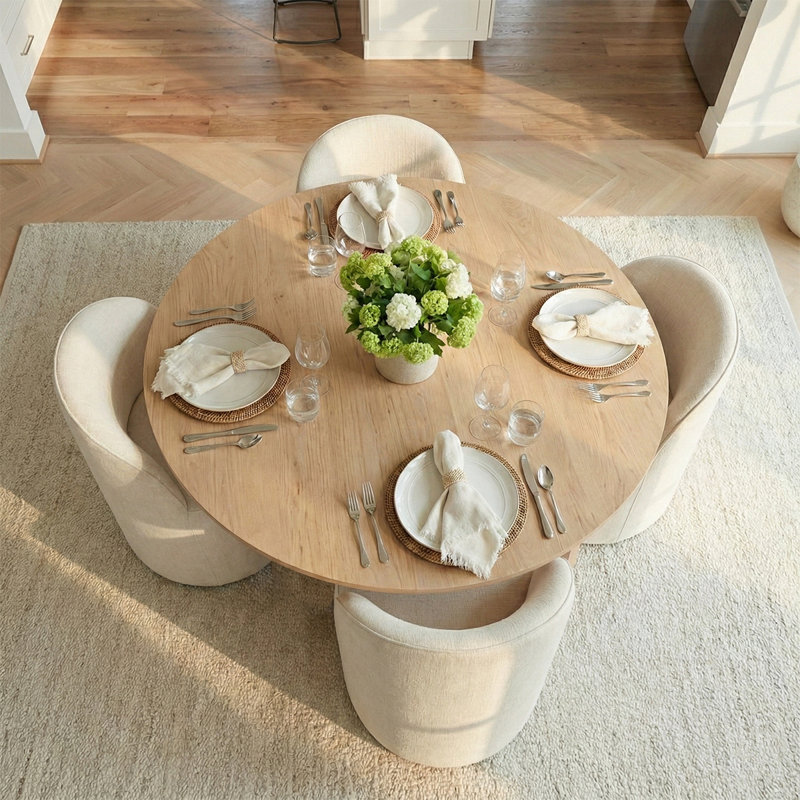 4 - Person Dining Table Sets With 52'' Solid Round Table & 4 Upholstered Chenille Swivel Chairs, Beige, Yellow