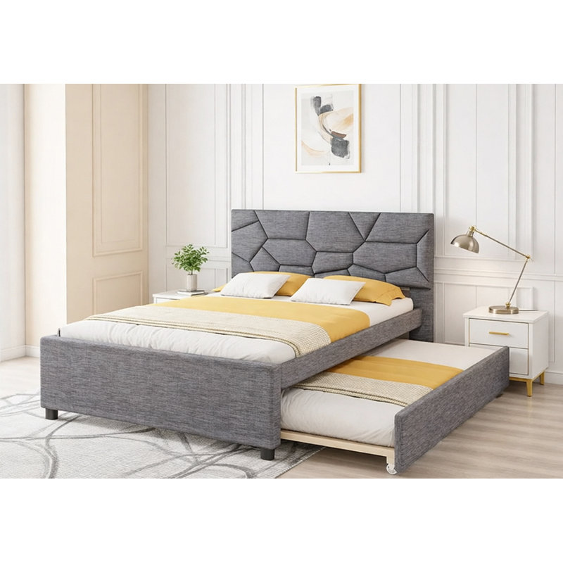 Lit plateforme tapissier avec tête de lit et lit gigogne, Gris