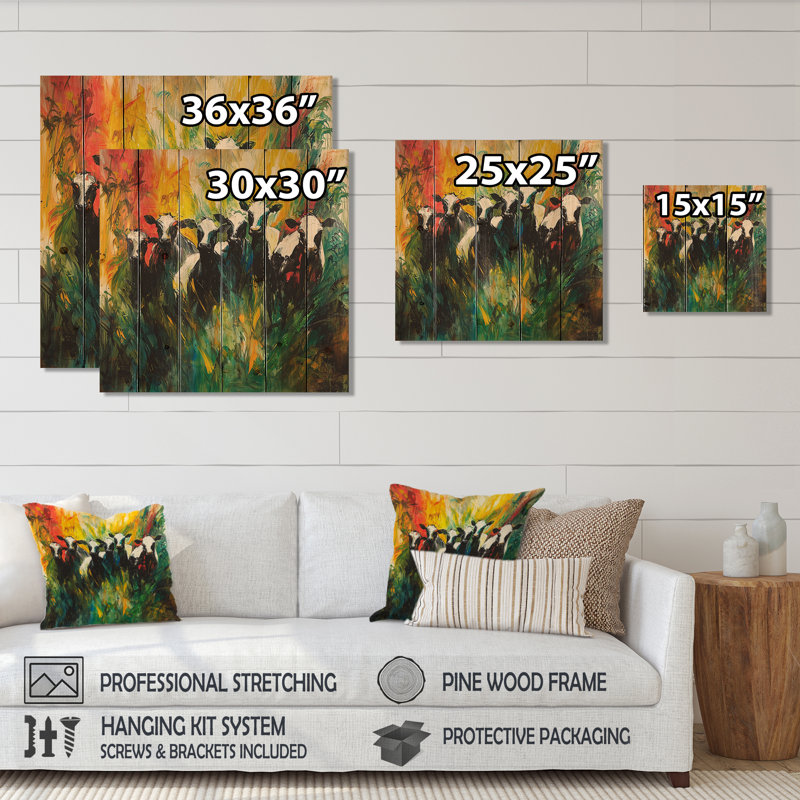 Abstrait troupeau de vaches I - Art mural en bois de vache - sur bois de pin naturel, H 15 po x l 15 po x P 0,78 po