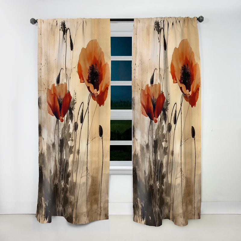 Poppies II rétro beige - rideau en velours traditionnel - obscurcissant - 1 panneau, L 52 po x L 95 po