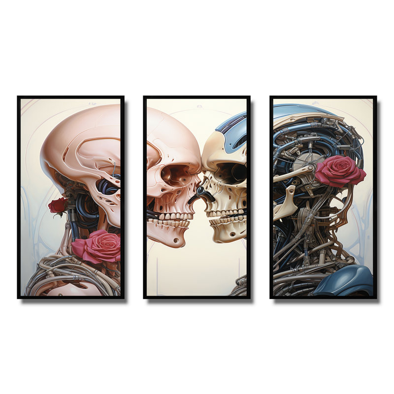 «Cybernetic Robot Skull Love With», art mural Science Fiction, H 40 po x l 60 po x P 1 po, Cadre flottant noir