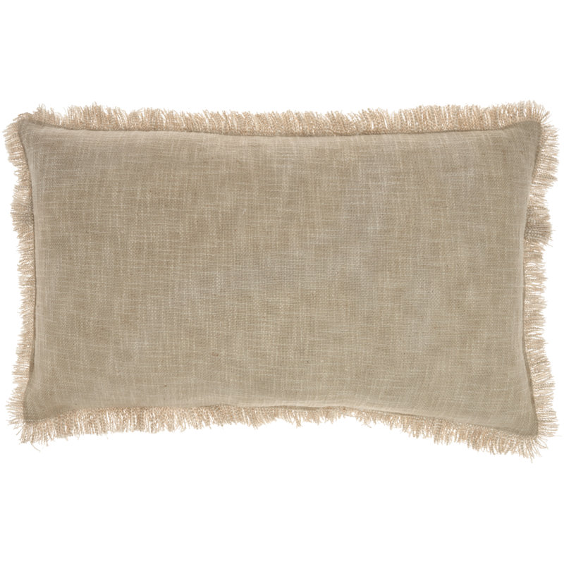 Taupe Stonewash Cotton Lumbar Pillow with Fringe Edges