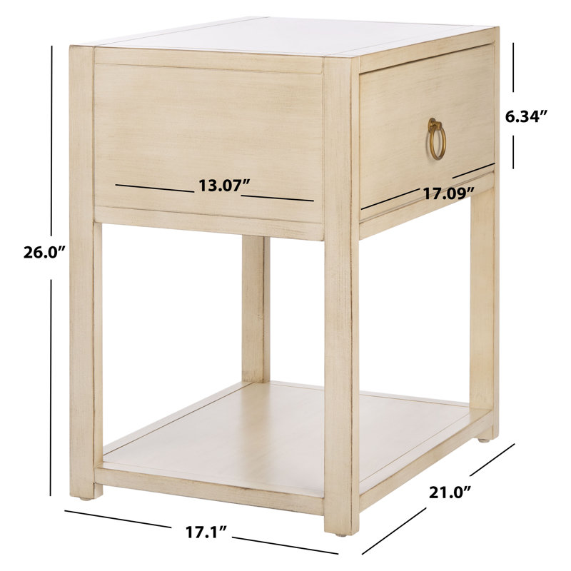 Antique White Acacia Wood Nightstand with Gold Accents