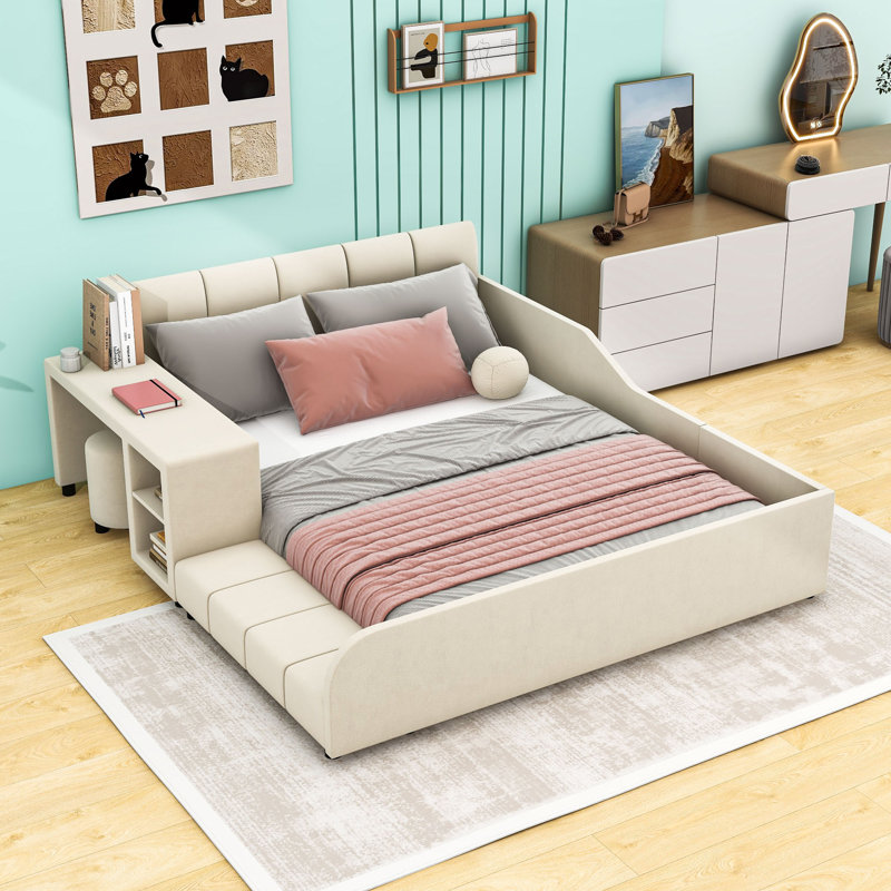 Lit plateforme en velours avec bureau Wakeeny, Double, Beige