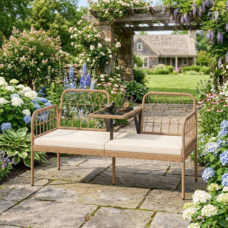 Causeuse d'extérieur en rotin PE à 2 places résistante aux intempéries avec table basse intégrée et coussins rembourrés pour une utilisation en terrasse