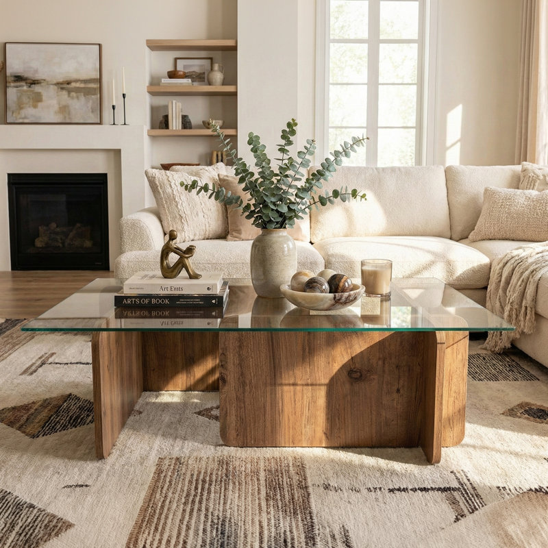 Rectangle Tempered Glass Coffee Table, Atlantic Pine, 11.8" H x 41.3" L x 25.6" W