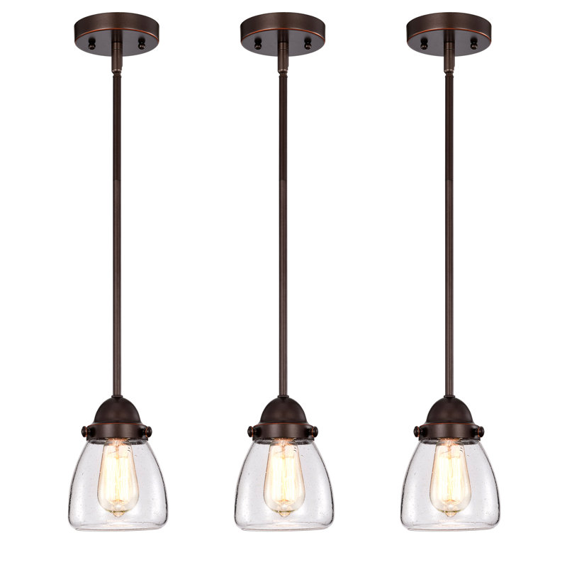Luminaire suspendu en bronze huilé 1 lumière avec abat-jour en verre bullé