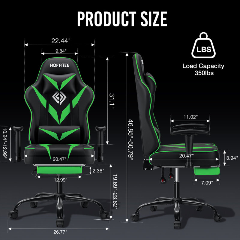 Ergonomic Massage Gaming Chair With Adjustable Armrests, Green