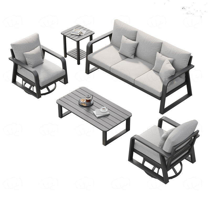Ensemble de mobilier de patio avec canapé 3 places, 2 chaises berçantes pivotantes et 2 tables basses