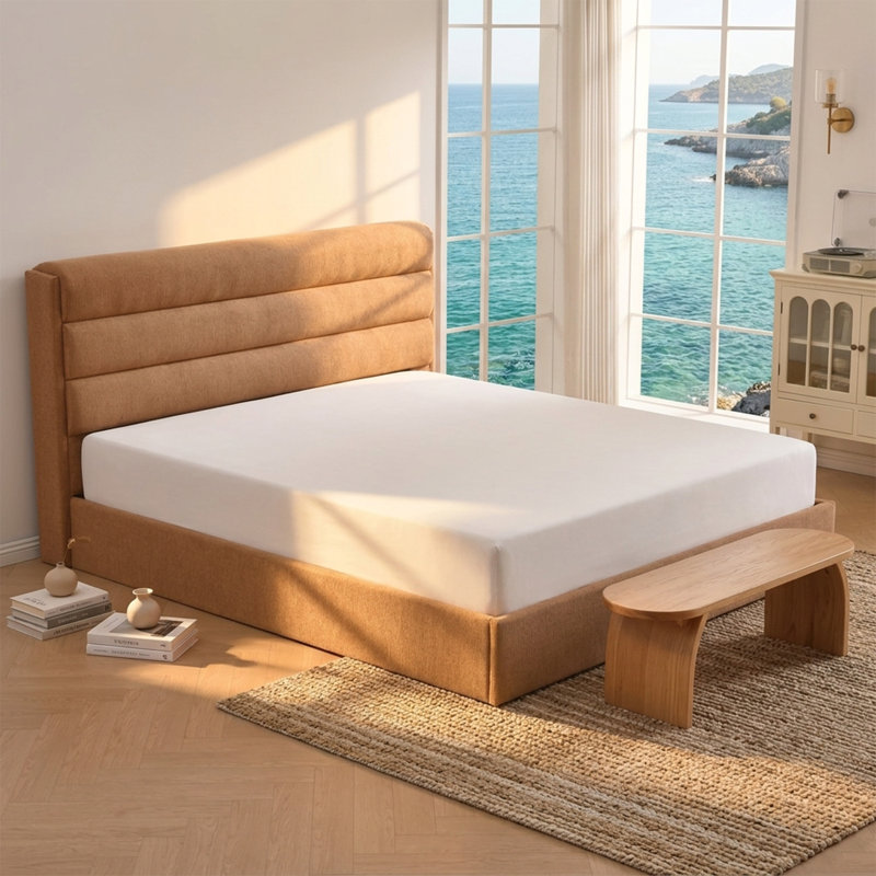 Lit plateforme tapissier avec rangement relevable, Très grand, Jaune Ginkgo