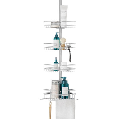 Serviteur de douche à mât réglable avec 4 tablettes, barre à serviettes et crochets intégrés, finition chromée résistante à la rouille, conception en fil métallique à séchage rapide pour l'organisation de la salle de bain