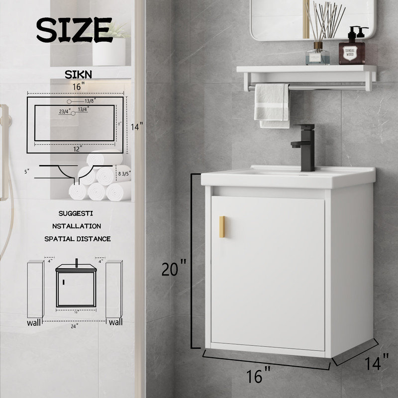 16 Inch Bathroom Vanity with Sink Combo, Wall Mounted Small Bathroom Vanity with Soft-Close Door Modern Floating Cabinet, Pop-up Drain, P-Trap Included,(No Faucet)