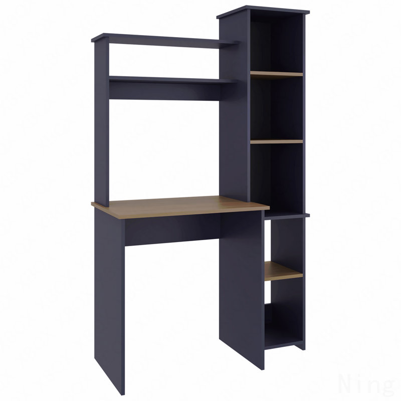Bureau d'écriture, bureau moderne bleu marine avec deux tablettes supérieures et cinq casiers ouverts, Marine