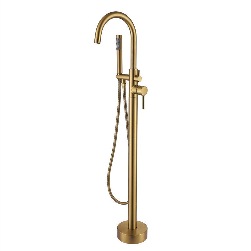 Topcraft Single Handle Floor Mounted Freestanding Tub Faucet with Handheld Shower, Brushed Brass