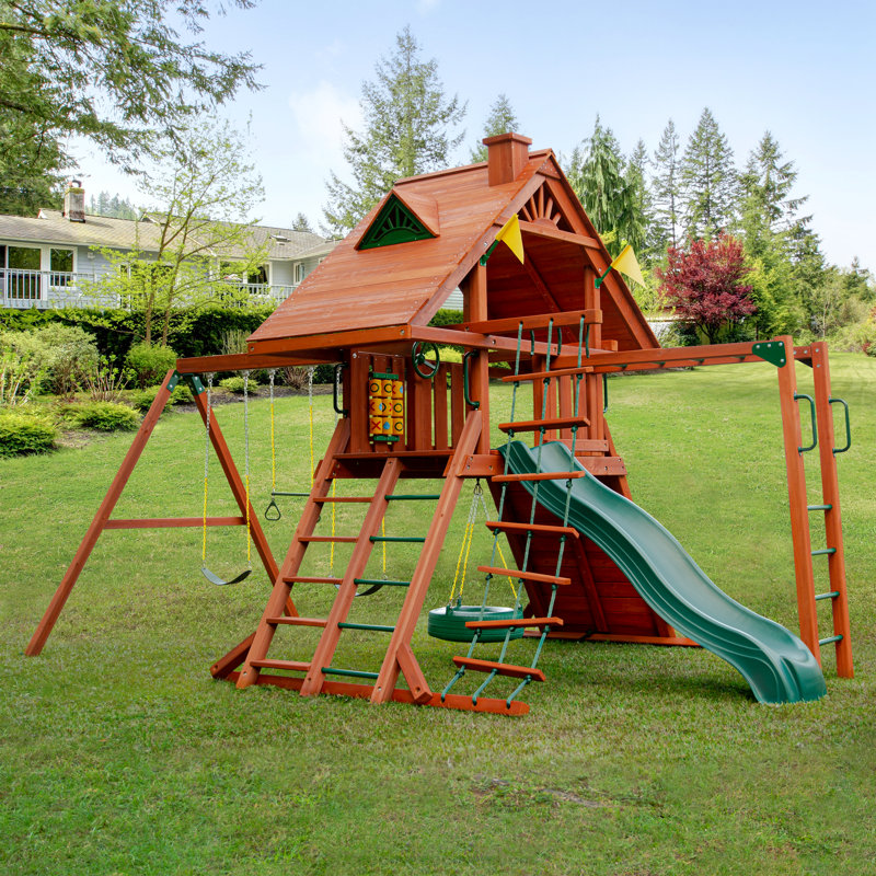 Sun Palace II Redwood Cedar Playground Set with Slide and Swings