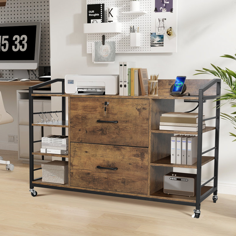 44” Locking Rolling Side File Cabinet With Storage Shelves And Drawers, Rustic Brown