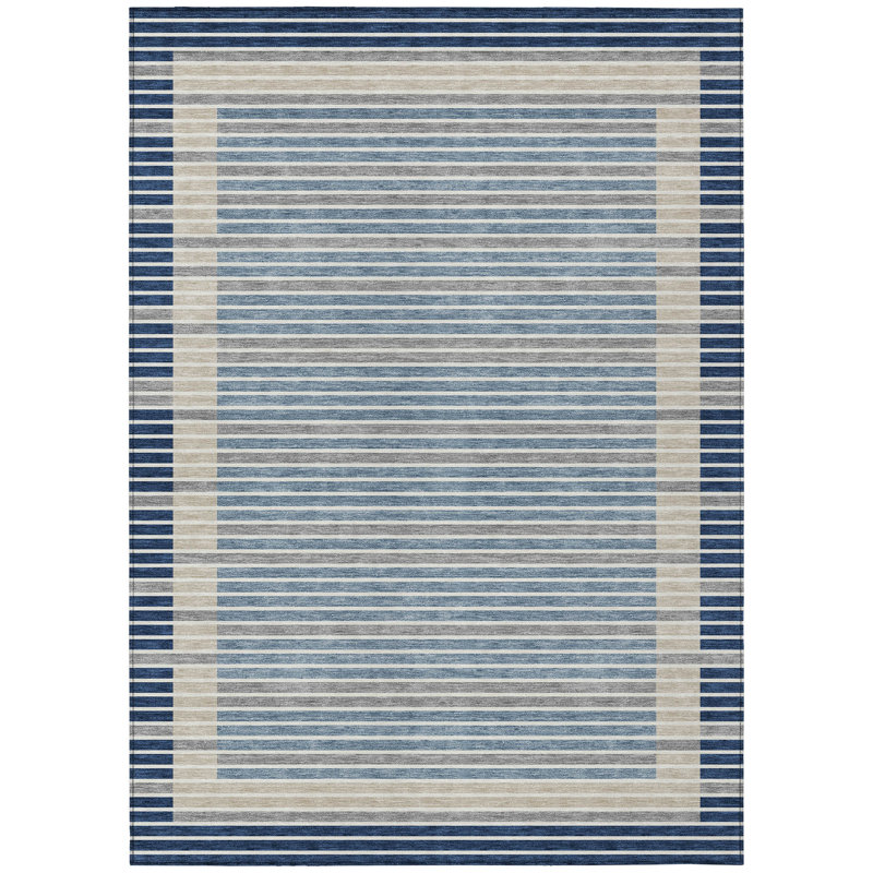 3' X 5' Navy Blue And Denim Blue Striped Washable Indoor Outdoor Area Rug