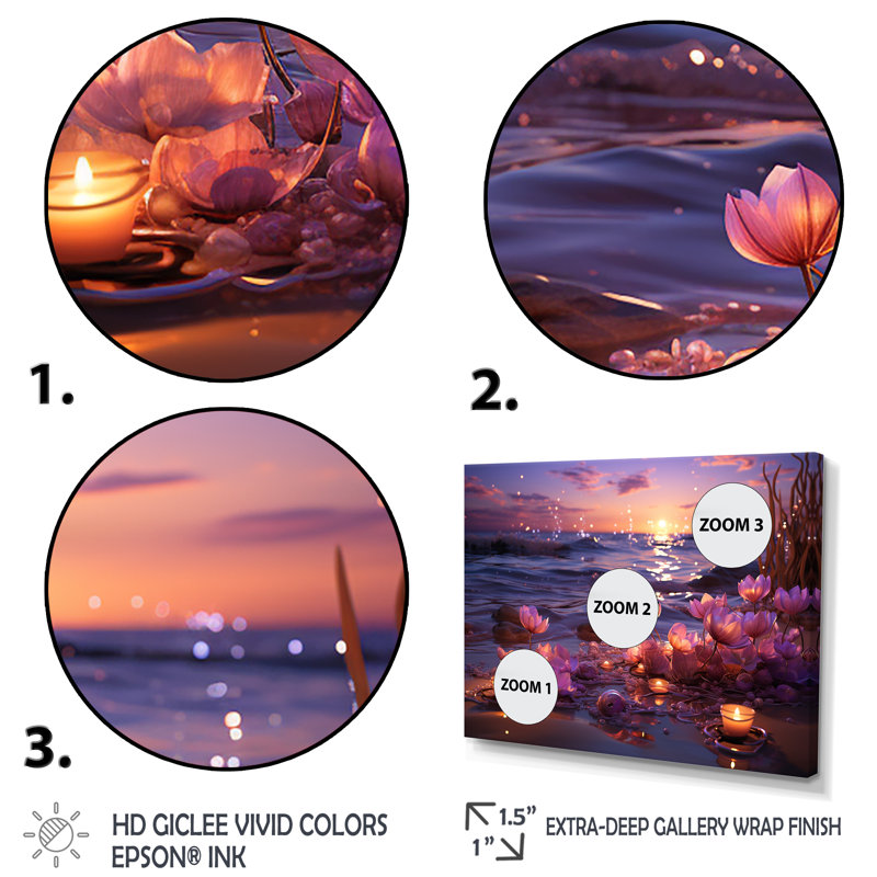 Coucher de soleil sur la plage florale I - art mural plage, Cadre flottant doré, H 16 po x l 32 po x P 1 po