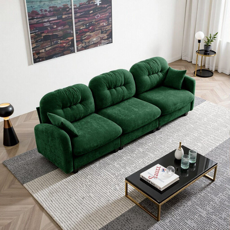 Élégant canapé modulaire vert à trois places modulaire - Tissu chenille doux, confort ergonomique, parfait pour le salon ou la chambre à coucher