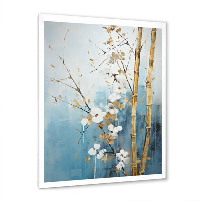 Minimalisme bleu et bambou doré sur toile