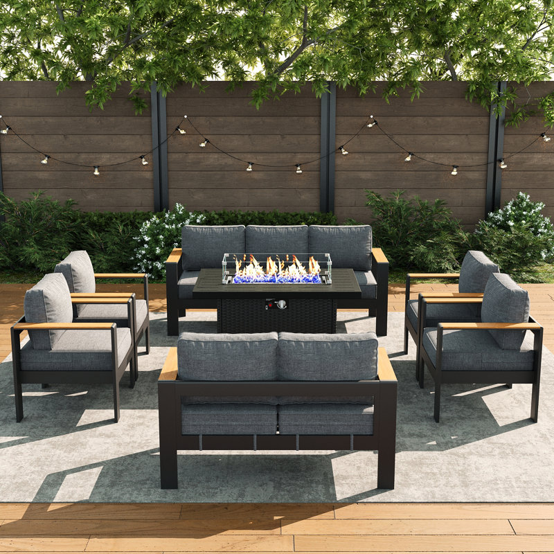 Outdoor Aluminum Furniture Set with Fire Pit Table, Modern Patio Conversation Sets for Porch, Backyard, Dark Gray