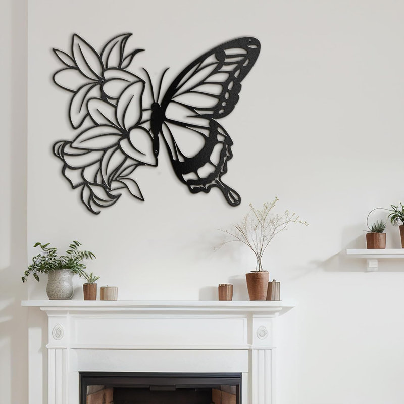 Lilies Butterfly Black Gold Minimalist Modern Abstract Wall Accent Sculpture Hanging Decoration Metal Wall Decor, Black