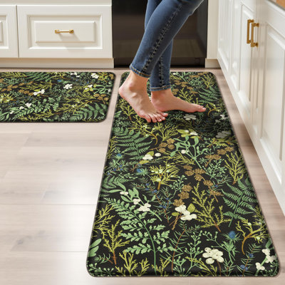 Black Green Botanical Kitchen Rugs Set Of 2 Plant Leaf Anti-Fatigue Kitchen Mat Natural Comfort Standing Waterproof PVC Mats 2/5" Thick Leather Carpet For Laundry Office Sink(17.3" X28" + 17.3" X 47")