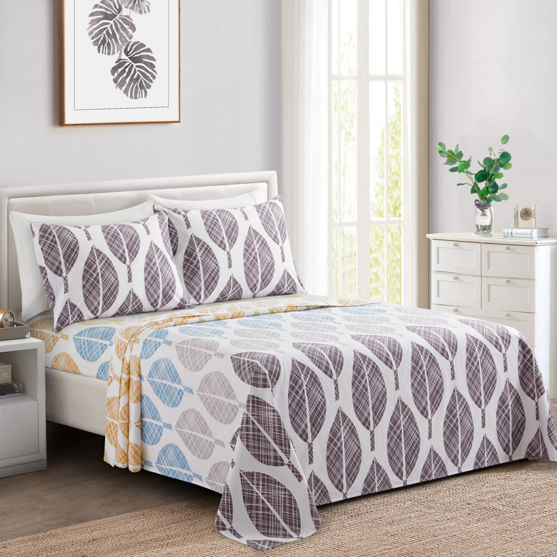 Marina Decoration Home Decor Bedding Bedroom Bedsheet Soft Silky Deep Pocket Rayon from Bamboo All Season 6 Pieces Printed Sheet Set with 4 Pillowcases, Modern Colorful Leaves Pattern Queen Size