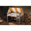 Lit mezzanine gris avec auvent, guirlandes de lumières à DEL et tablette de rangement