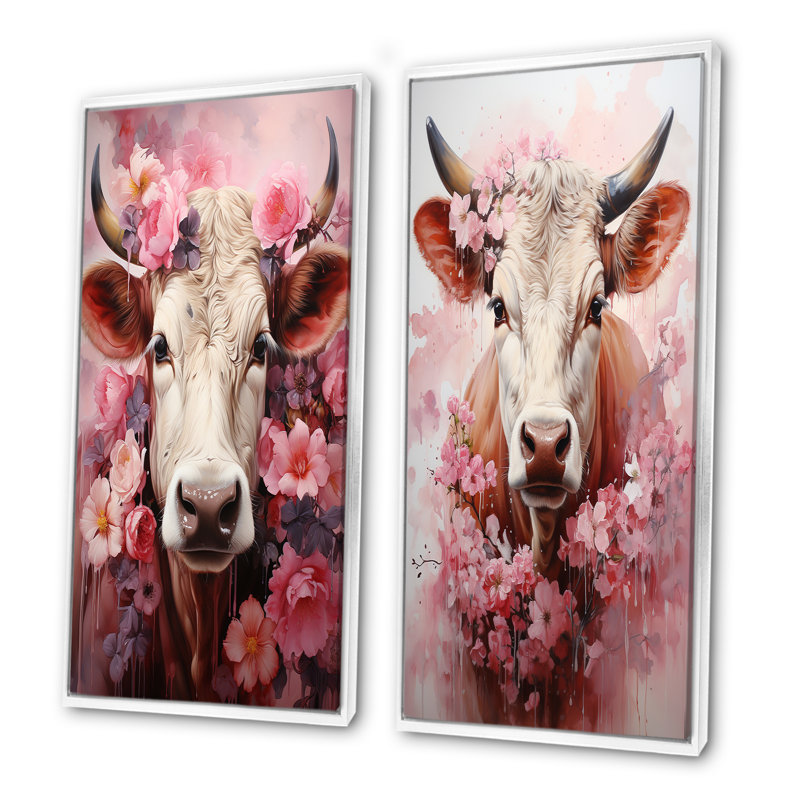 Romantisme, vache rose, ensemble de 2 reproductions d'art sur toile, Cadre blanc, H 32 po x l 33 po