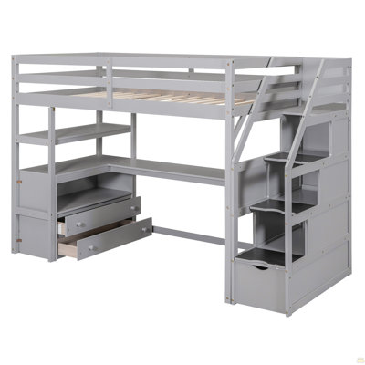 Lit mezzanine simple avec bureau et tablettes, deux tiroirs intégrés, escalier de rangement