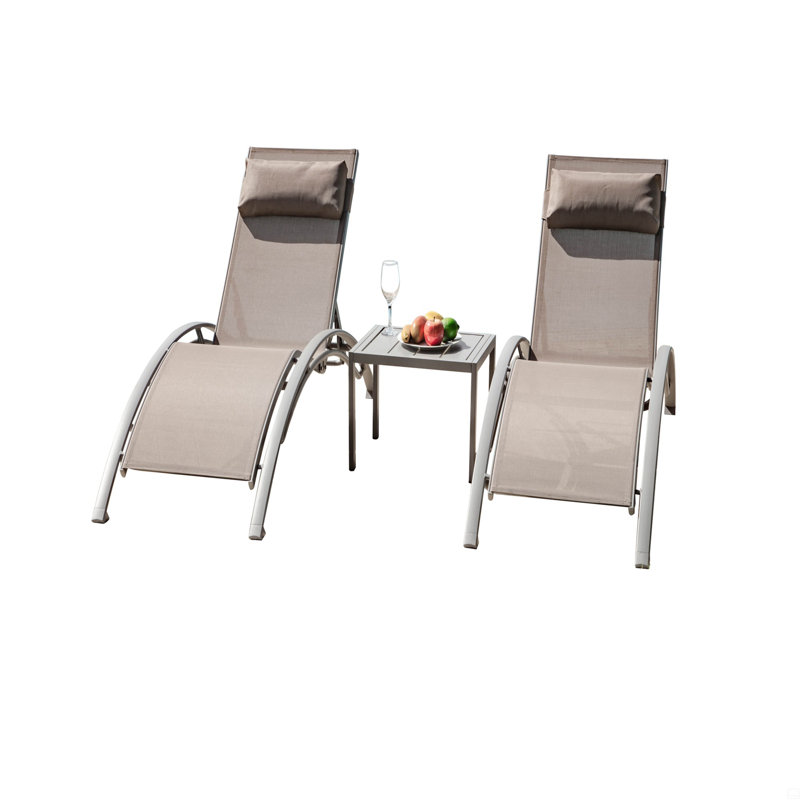 Pool Lounge Chairs Set Of 3, Adjustable Aluminum Outdoor Chaise Lounge Chairs With Metal Side Table, All Weather(2 Lounge Chair+1 Table)