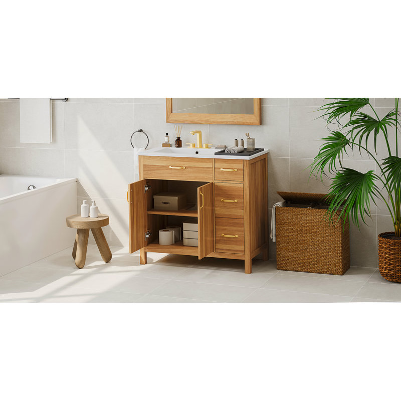 Meuble-lavabo de 36 po en bois avec cadre en bois massif, 2 portes à fermeture douce, 3 tiroirs à fermeture douce, tablette réglable, armoire de rangement moderne pour les petites salles de bain