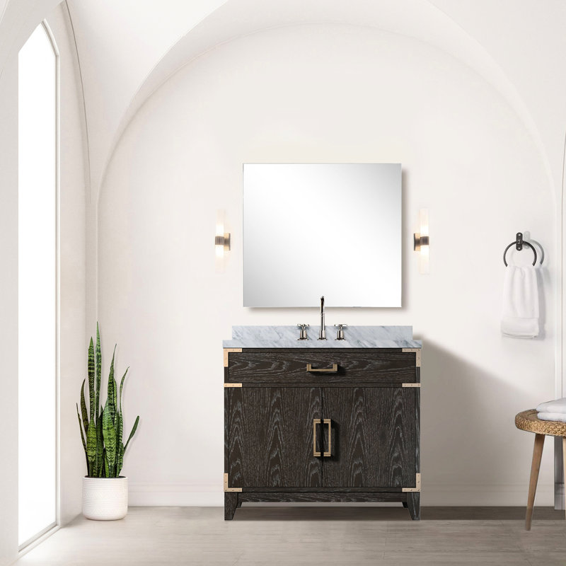 Meuble-lavabo simple en chêne brun avec comptoir en marbre, robinet et miroir, 36 po x 22 po L x P 22 po Meuble-lavabo, miroir