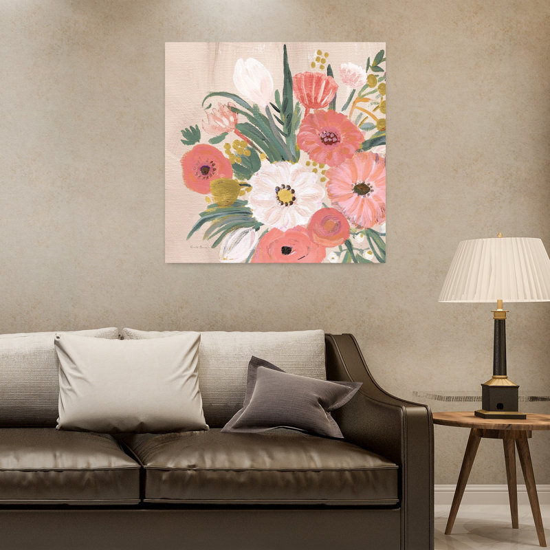 Art contemporain rétro floral iv retourné avec bouquets bleus, H 32 po x l 32 po