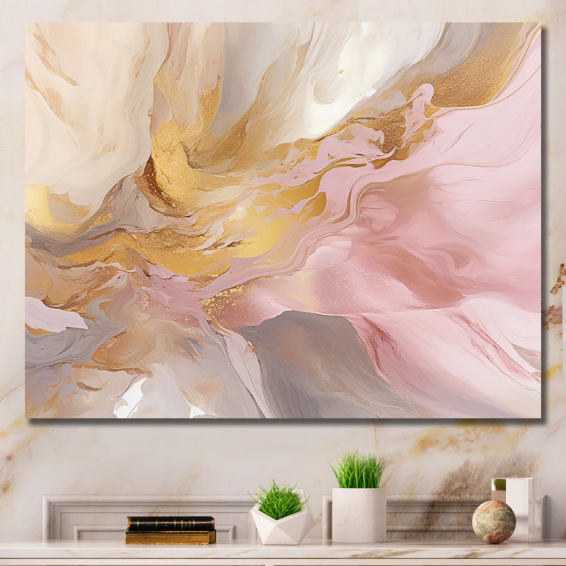 Exquis symphonie abstraite rose et pastel doré - peinture abstraite sur toile, art mural, H 34 po x l 44 po x P 1,5 po