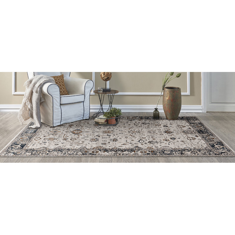 Tapis floral ivoire / gris Cromp, Rectangle 7 pi 10 po x 10 pi 10 po