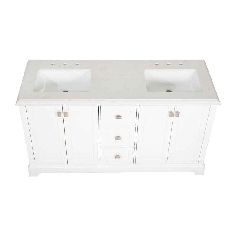 60'' White Double Freestanding Bathroom Vanity with Marble Top