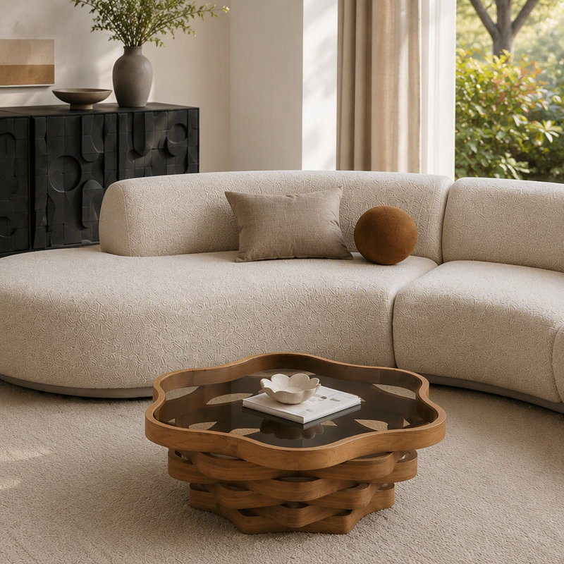 Table basse irrégulière en forme de nuage avec plateau en verre trempé, base Wave MDF, design moderne artistique