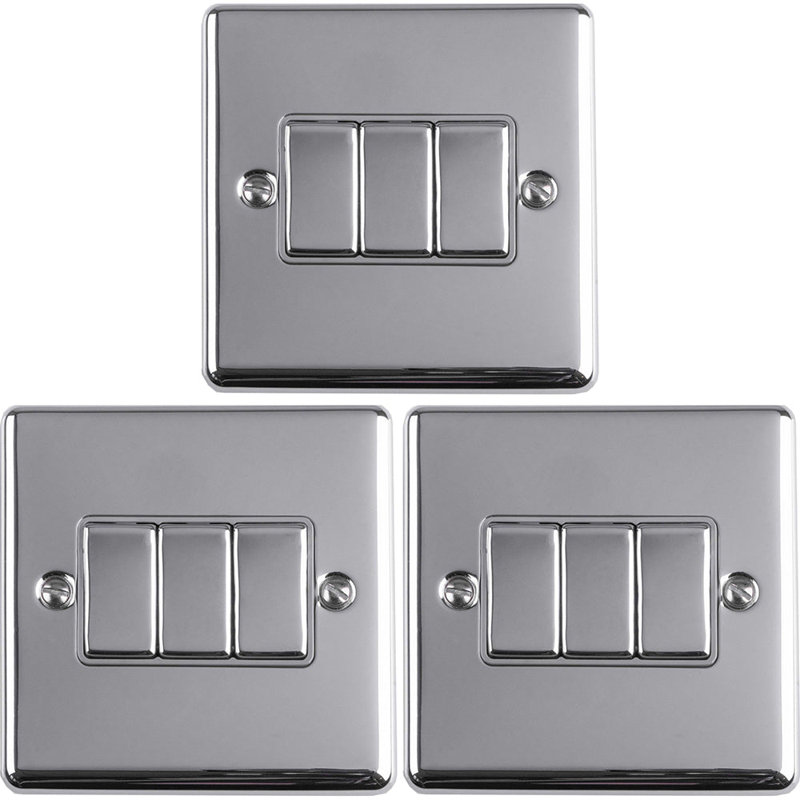 3 PACK 3 Gang Triple Metal Light Switch SATIN STEEL 2 Way 10A Black Trim, Silver/Grey, Polished Chrome