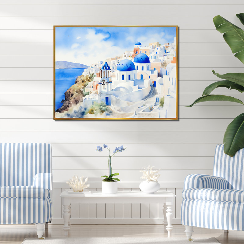 Grèce, Santorin, paysage IV - Grèce, art mural, Cadre flottant doré, H 24 po x l 32 po x P 1 po
