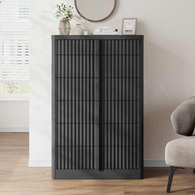 Commode cannelée pour chambre à coucher, commode moderne de 48,6 po avec profil incurvé, poignée en bois massif pour la chambre à coucher, le salon, le couloir, noir