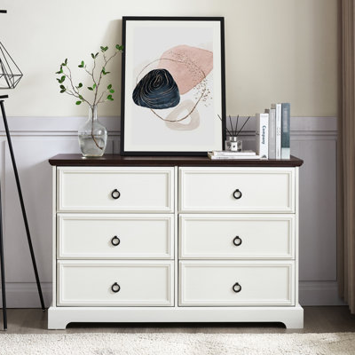 6 Dresser Chest For Bedroom - White With Generous Storage Space In Spacious Rustic Brown Top And Metal Sliding Rails