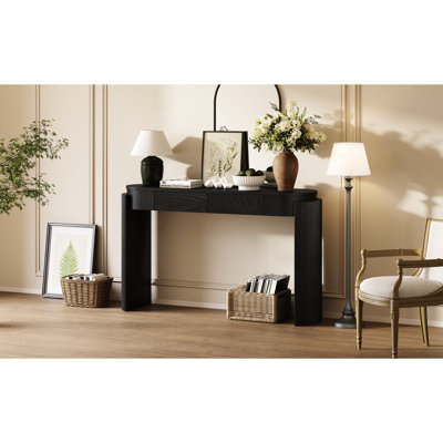 Console d'entrée en bois naturel avec plateau ovale, détails cannelés classiques et tiroirs de rangement pratiques. Montage partiel requis. Couleur noire avec plateau et pieds. Tiroirs décoratifs. Disponible en [insérer la couleur].